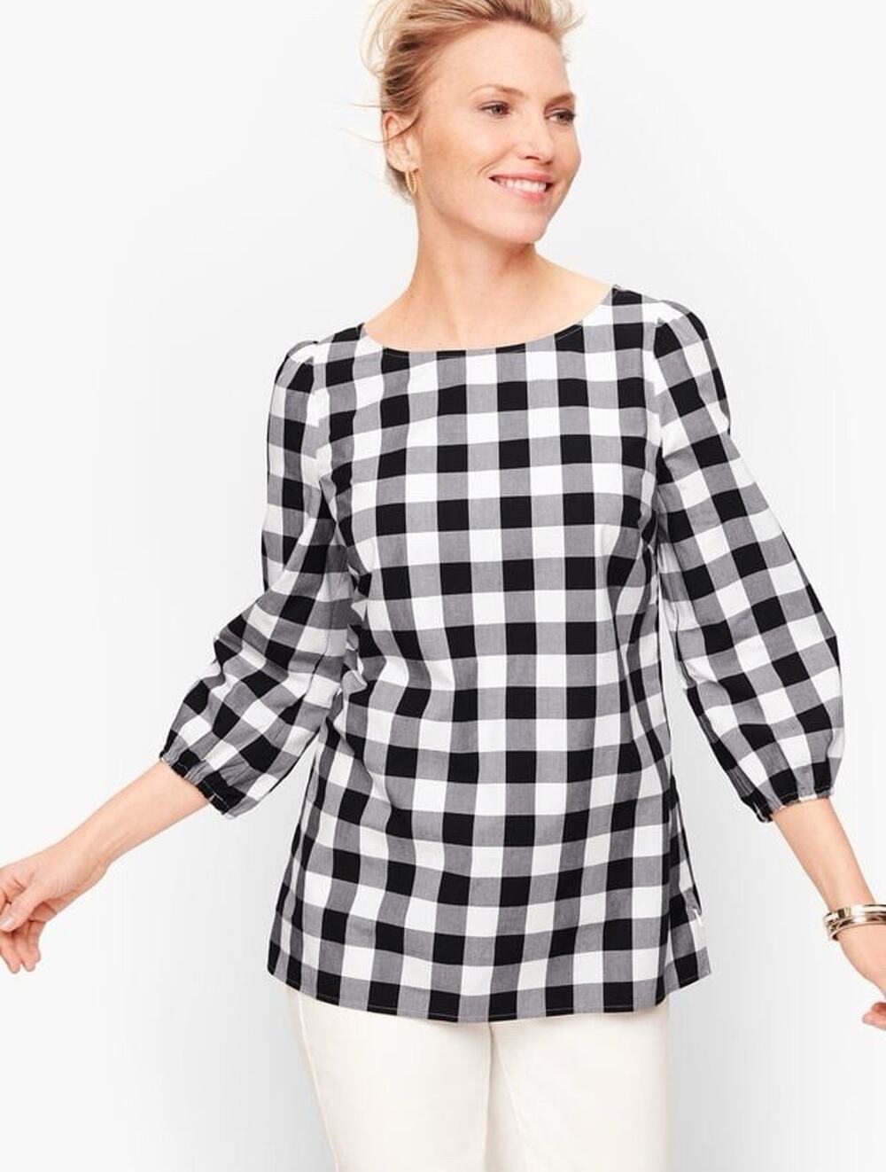 Talbots Women’s Gingham Gathered Sleeve Top Black White Size XL
